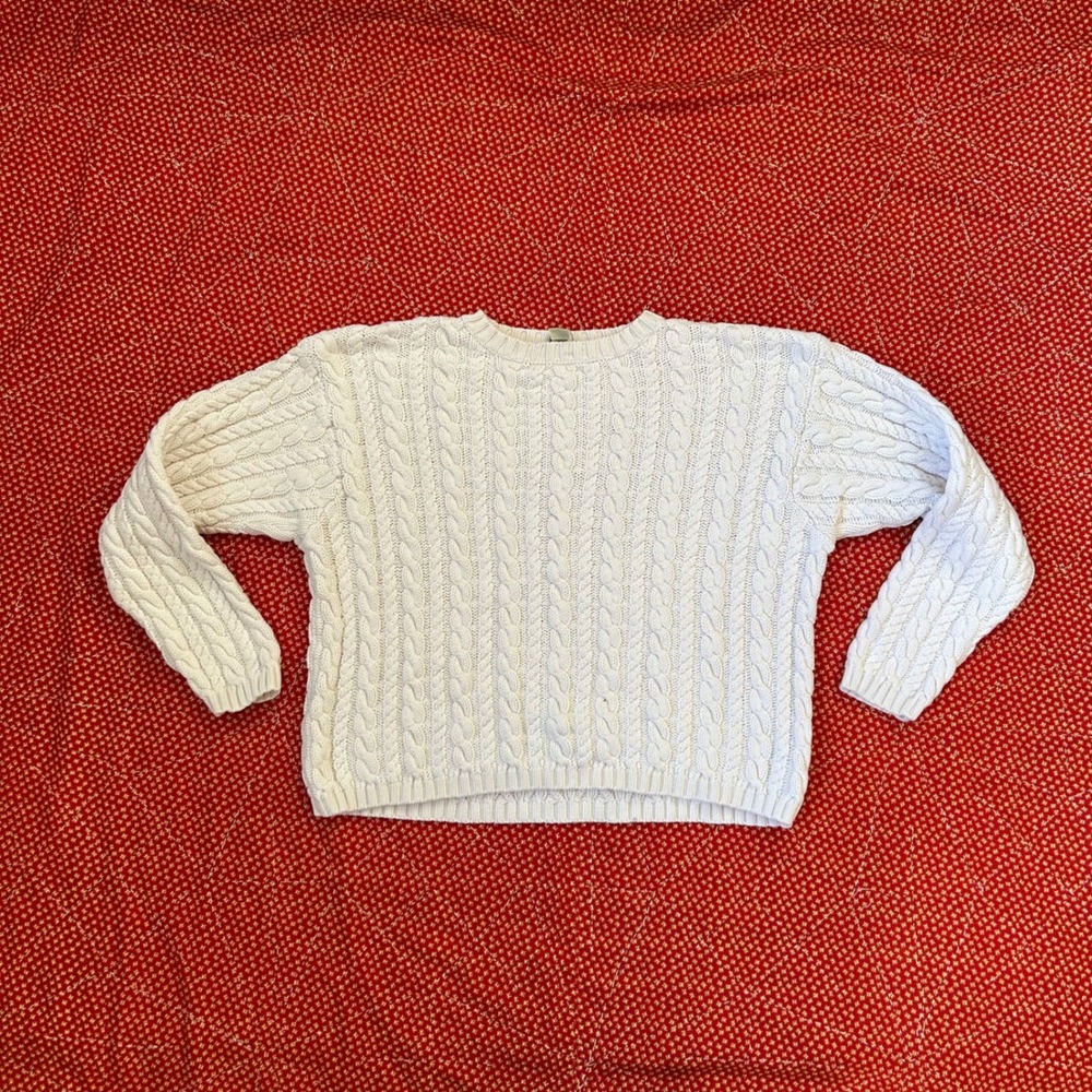 Eddie Bauer Vintage 100% Cotton Cable Knit Sweater White Petite Large L/G